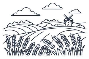 Countryside landscape with wheat fields and windmill, outlined nature scene, sky and clouds vector