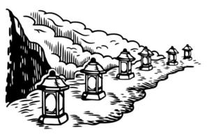 Japanese stone lanterns lined along mountain pathway in black and white illustration vector