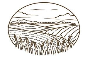 Line art of wheat field with rolling hills and clouds in countryside landscape vector