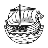viking longship sailing symbol monochrome dragon head design with sail, waves, and shields vector