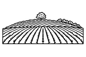 minimalist black and white line art of a countryside field with hill and tree vector