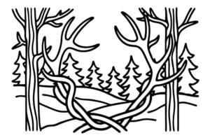 Entwined antlers in forest setting with pine trees and woodland scene vector