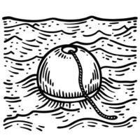 Floating buoy on the wavy sea surface nautical rope attachment, ocean navigation tool illustration vector