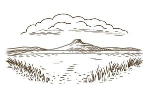 Scenic landscape illustration with mountains and clouds over a calm river scene vector