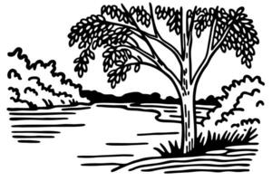 Scenic river landscape illustration with tree, serene nature view, tranquil water and greenery vector