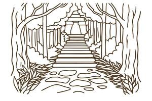Serene pathway in forest with stairs leading to tranquil sanctuary vector