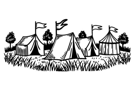 Illustration of rustic tents in nature setting with grass and trees vector