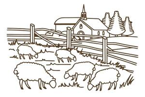 sheep grazing on a farm near a rustic barn with a wooden fence and trees in the background vector