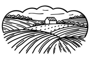 Rural farm landscape drawing with rolling fields and barn under cloudy sky vector