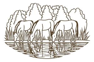 horses grazing by a tranquil riverbank with forest backdrop in line art vector