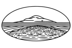 Minimalist landscape stylized mountain and river in oval frame design vector