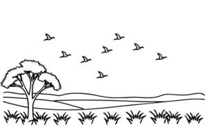 Silhouette of flying birds over landscape with tree and grassy field vector