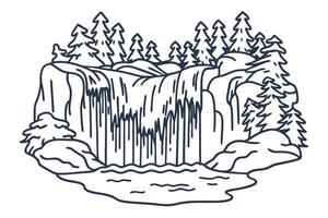 Scenic waterfall scene with trees, rocks, and flowing water nature illustration, forest landscape vector