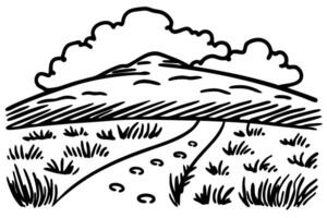 mountain landscape sketch with cloudy sky and pathway through grassland vector