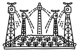 automated irrigation system with drones watering a crop field vector