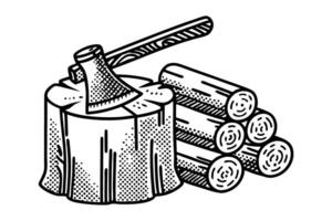 Vintage illustration of axe on tree stump with cut logs, rustic lumberjack tools vector