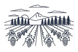 Vineyard landscape line art with mountains and pine trees in the background vector