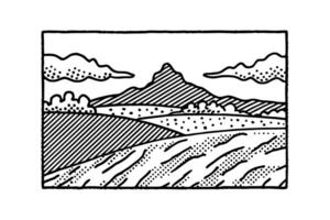 Ink drawing of scenic landscape featuring mountains, clouds, and fields in nature illustration vector