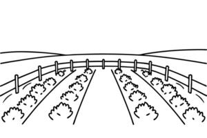black and white illustration of a rural farm landscape with crop rows and fencing vector