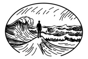 person on cliff overlooking powerful ocean waves in black and white illustration vector