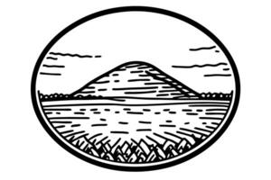Nature landscape illustration mountain, lake, clouds, grass in circular frame vector