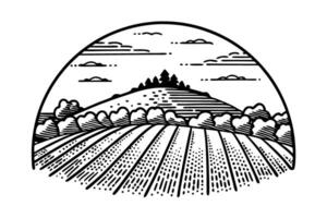 Scenic countryside landscape with rolling hills and cloudy sky in monochrome line art vector