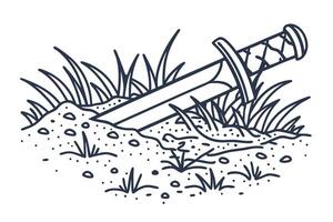 Medieval sword half buried in soil, surrounded by grass and pebbles vector