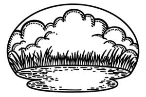 Cloudy sky over tranquil pond with lush grass in black and white illustration vector