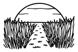 pathway through tall grass at sunset, serene scenic nature view, tranquil landscape illustration vector