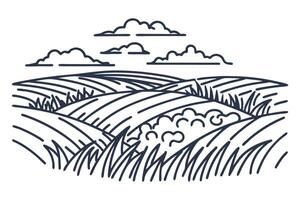 Landscape with rolling hills and clouds, linear illustration stylized rural field and farm concept vector