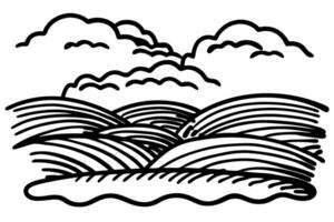 Simple landscape illustration with rolling hills and clouds in monochrome vector