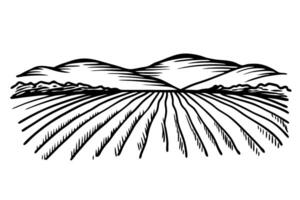 Scenic landscape of rolling hills and expansive fields in black and white illustration vector