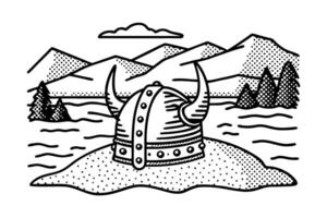 Viking helmet in snowy mountain landscape, tranquil winter scene with trees and clouds vector