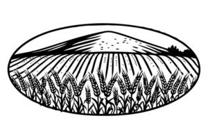 monochrome rural landscape with wheat field and hills simplistic nature, agriculture scenery illustration vector