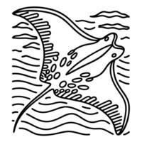 Black and white line drawing of a flying manta ray in ocean waves vector