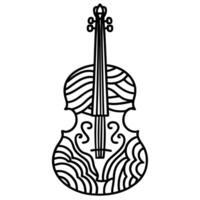 outline art of violin with intricate patterns, black and white design, musical instrument illustration vector