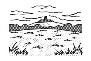 Black and white desert landscape illustration with distant mesa and cloudy sky vector