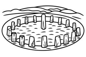 illustration of ancient stone circle in landscape setting with hills vector