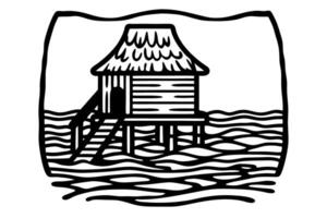 tropical hut on stilts surrounded by waves island getaway, serene ocean retreat, rustic beach house vector