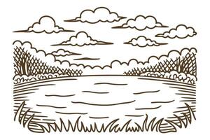 Tranquil lake and lush landscape with clouds, serene nature scene in sketch vector