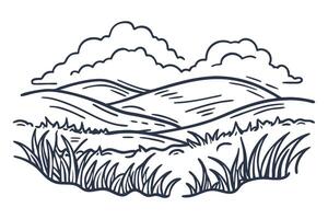 scenic landscape illustration rolling hills, cloudy sky, grass in tranquil nature setting vector