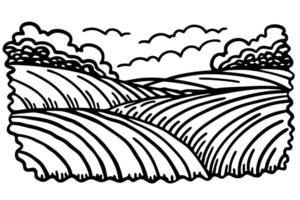 black and white illustration of rolling hills and clouds in a scenic countryside landscape vector