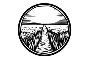 Black and white rural landscape illustration with pathway through wheat field in circle design vector