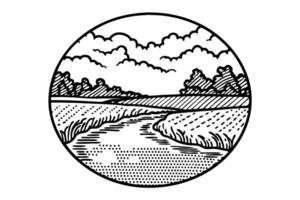 Scenic farm landscape sketch fields, trees, clouds, and tranquil winding path vector