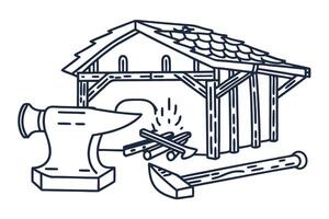 blacksmith forge workshop with anvil, hammer, and wooden shelter in traditional design vector