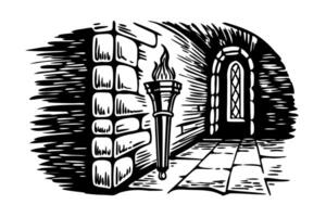 medieval torchlit hallway illustration with stone walls and arched window, mysterious ancient corridor vector