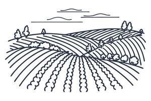 Line art landscape with rolling hills, trees, and clouds showcasing serene agricultural scene vector