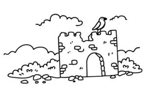 Ancient stone fortress with bird perched among clouds and foliage in a serene landscape vector