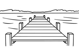 Wooden pier stretches into calm lake, serene landscape with horizon view vector