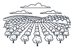 Scenic landscape with rows of trees and clouds in idyllic countryside setting vector